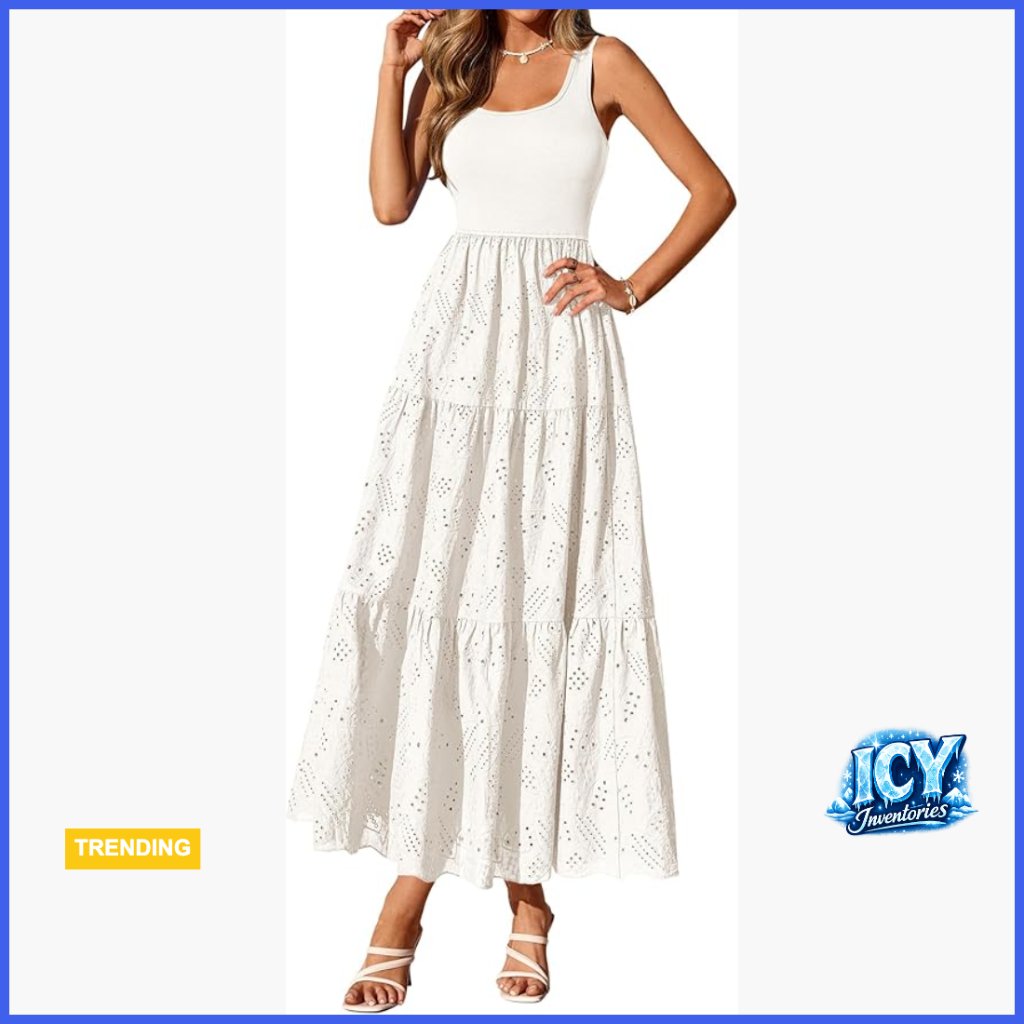 Eyelet Midi Dress Sleeveless A-Line Flowy Casual Summer
